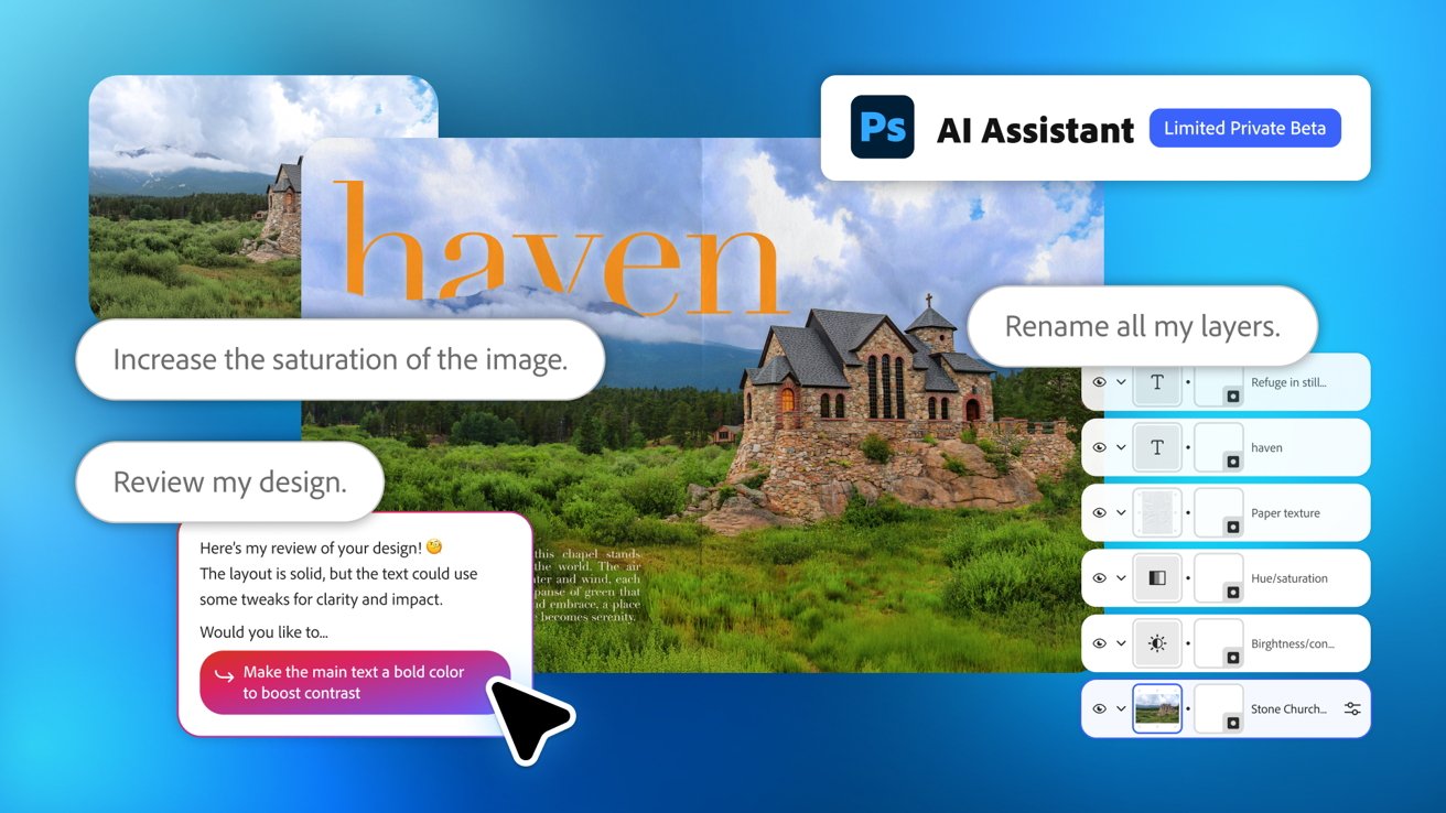 A stone church is set in a lush green landscape with blue sky, accompanied by design tool elements and text suggestions on editing.
