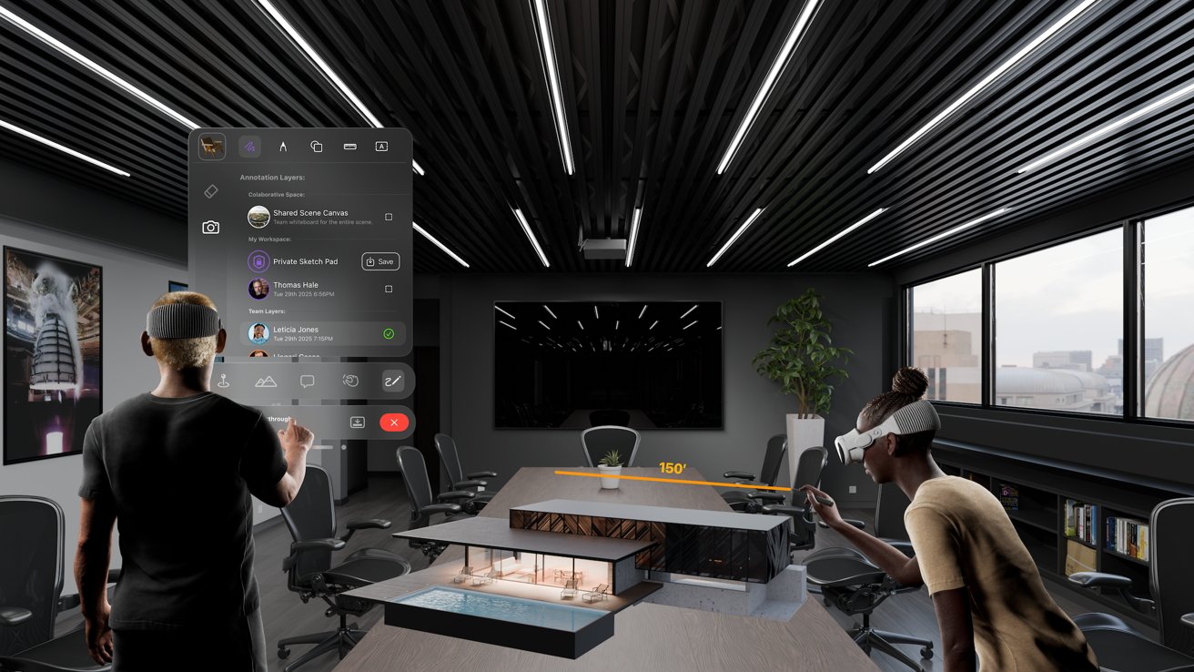 Two people with virtual reality headsets interact with a holographic architectural model in a modern conference room, featuring large windows and a sleek, black ceiling.