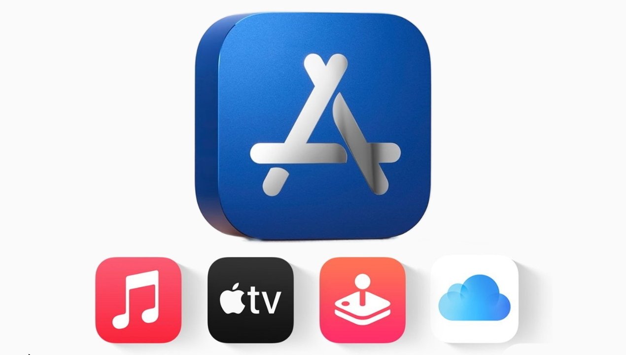 Blue 3D App Store icon above four cloud, music, TV, and gaming icons on a white background.