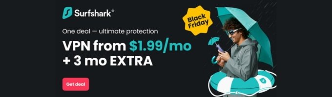 Surfshark VPN Black Friday deal banner with sale info