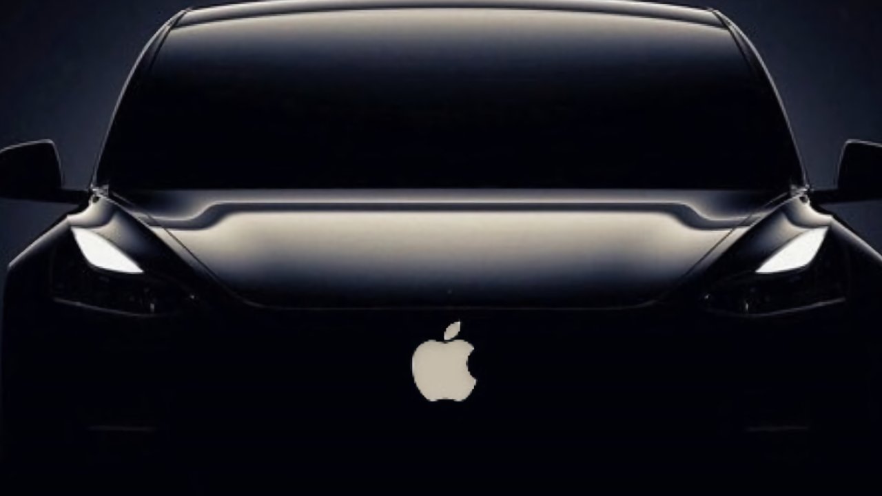 Sleek black car front view with illuminated headlights and Apple logo on the hood, creating a futuristic and minimalist aesthetic.