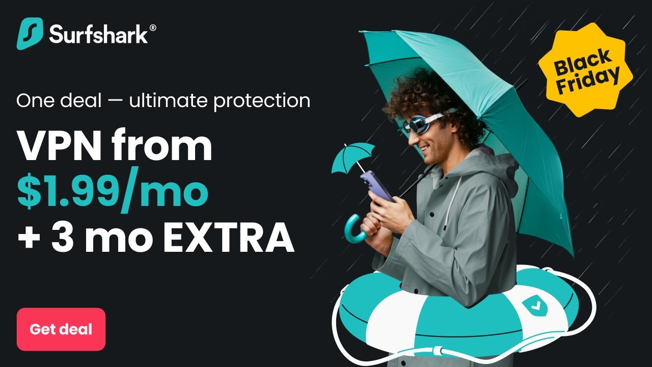 Surfshark VPN Black Friday deal advertisement, with person in raincoat with umbrella holding iPhone.