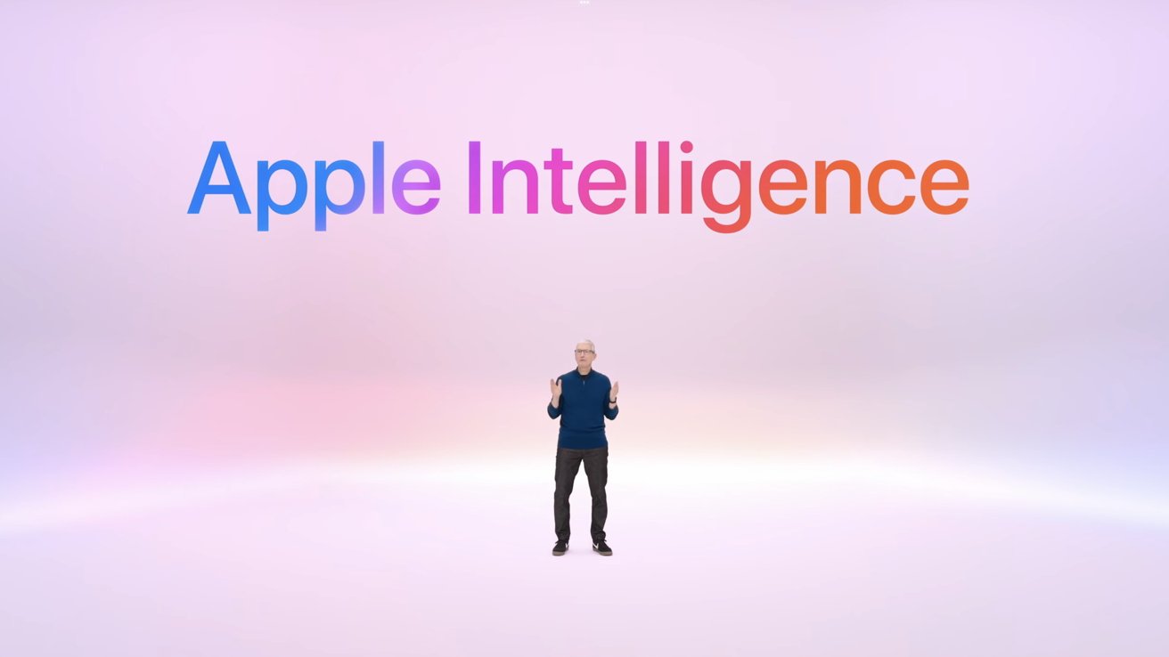 A person stands on a pink gradient background with the words Apple Intelligence in colorful letters above.