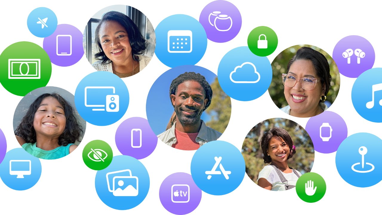 Smiling individuals in circular frames surrounded by colorful icons, including cloud, lock, and music symbols on a white background.