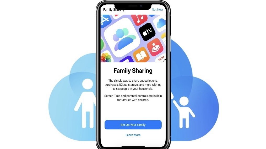 Smartphone screen showing Family Sharing app with icons and text about subscriptions, purchases, iCloud, and parental controls. Blue cloud and person icon background.