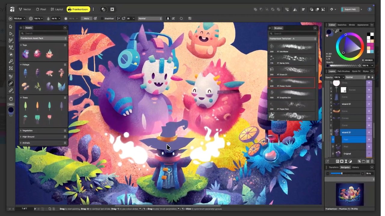 Colorful digital art software interface displaying cute, fantasy creatures and a small wizard-like figure surrounded by vibrant foliage and magical elements.
