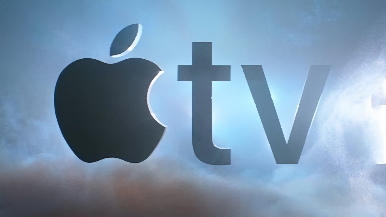 Apple logo next to lowercase letters 'tv' on a textured blue background.