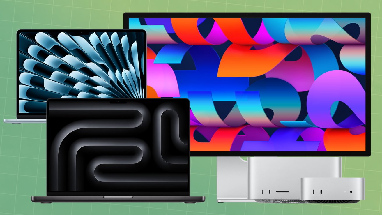 Three laptops with abstract colorful and black-and-white screens are arranged in front of a desktop monitor, set against a green grid background.