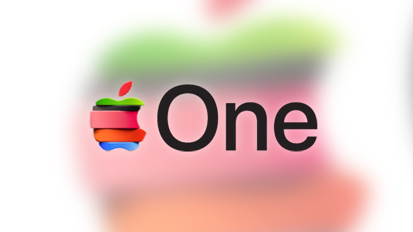 Apple logo with stacked colorful bands forms the word 'One' against a blurred background.
