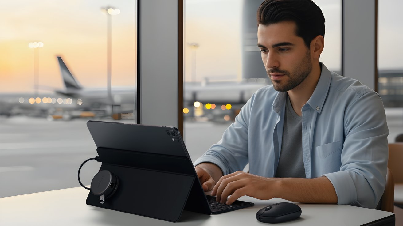 Man using a tablet with keyboard at an airport lounge, airplanes visible through the window, soft focus on background.