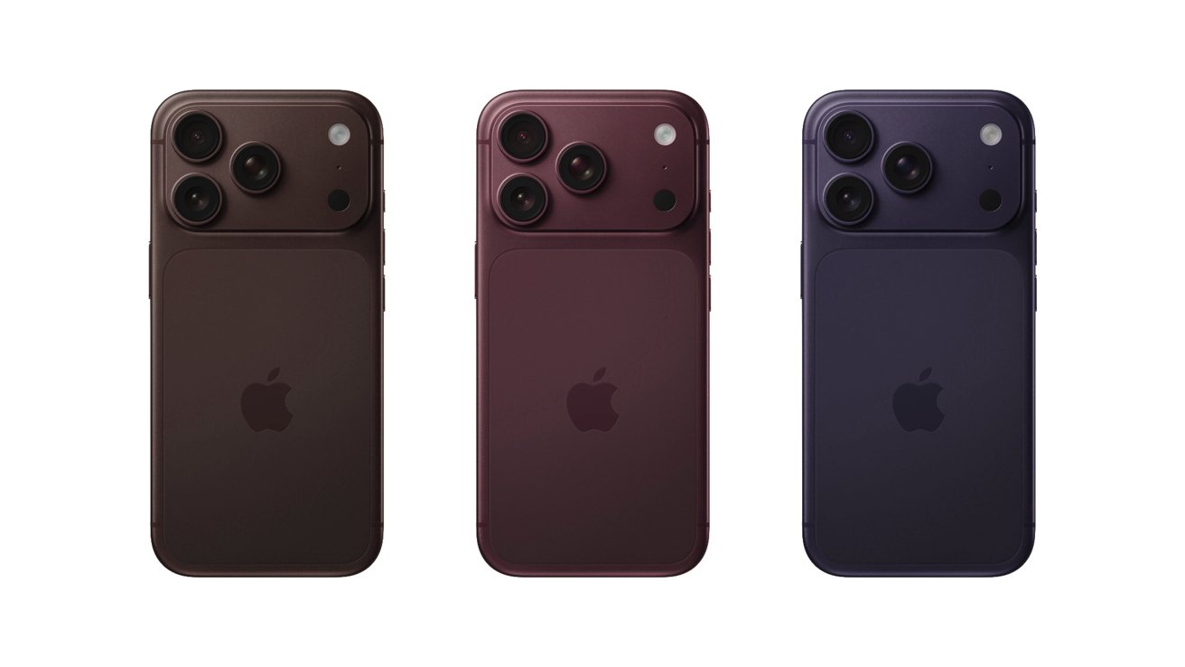 Three smartphones with triple-lens cameras and Apple logos, displayed in deep brown, dark purple, and midnight blue colors.