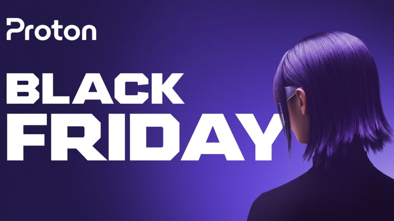 Purple-themed Proton VPN Black Friday banner featuring a person with purple hair wearing futuristic eyewear, positioned beside the bold text Black Friday.