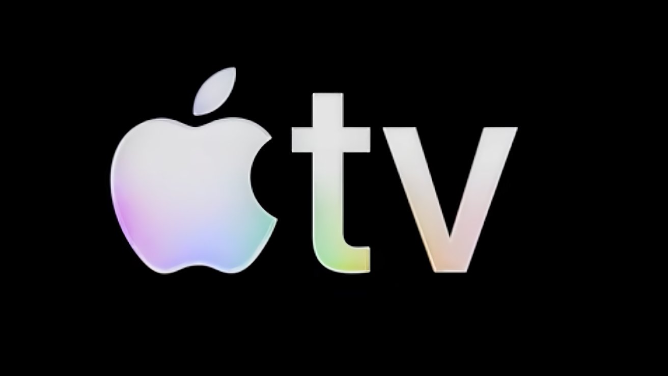 Apple TV logo with a colorful gradient on a black background.