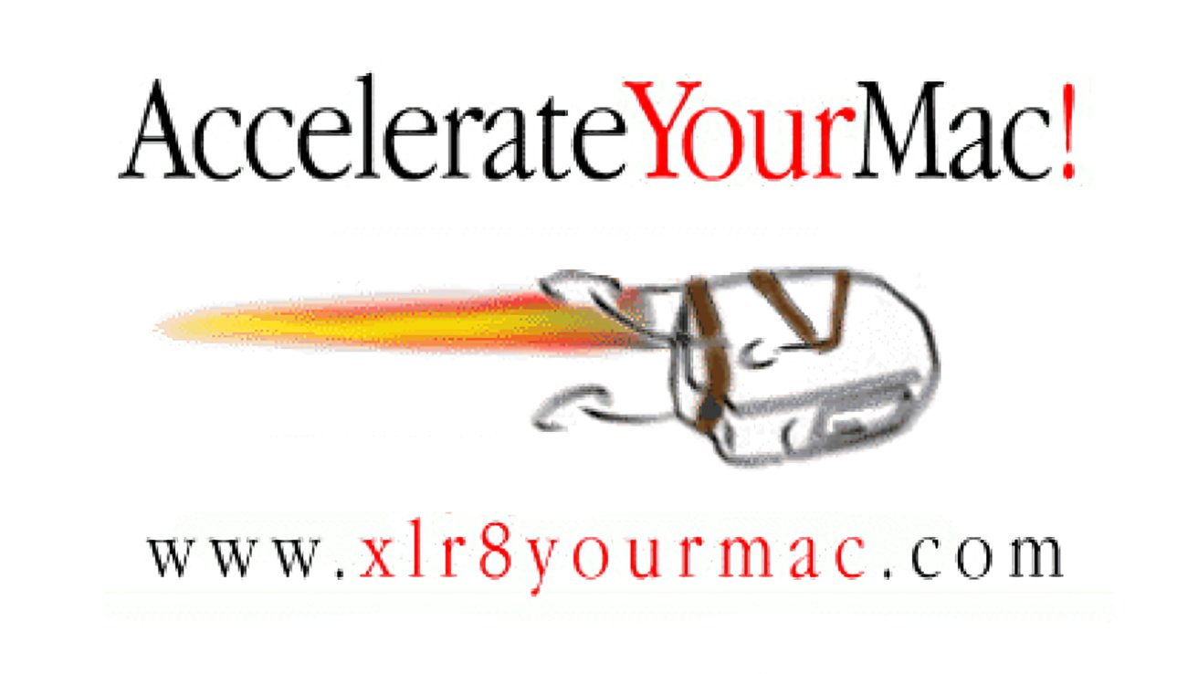 Text reads 'Accelerate Your Mac!' with a rocket-powered computer mouse and website address xlr8yourmac.com.