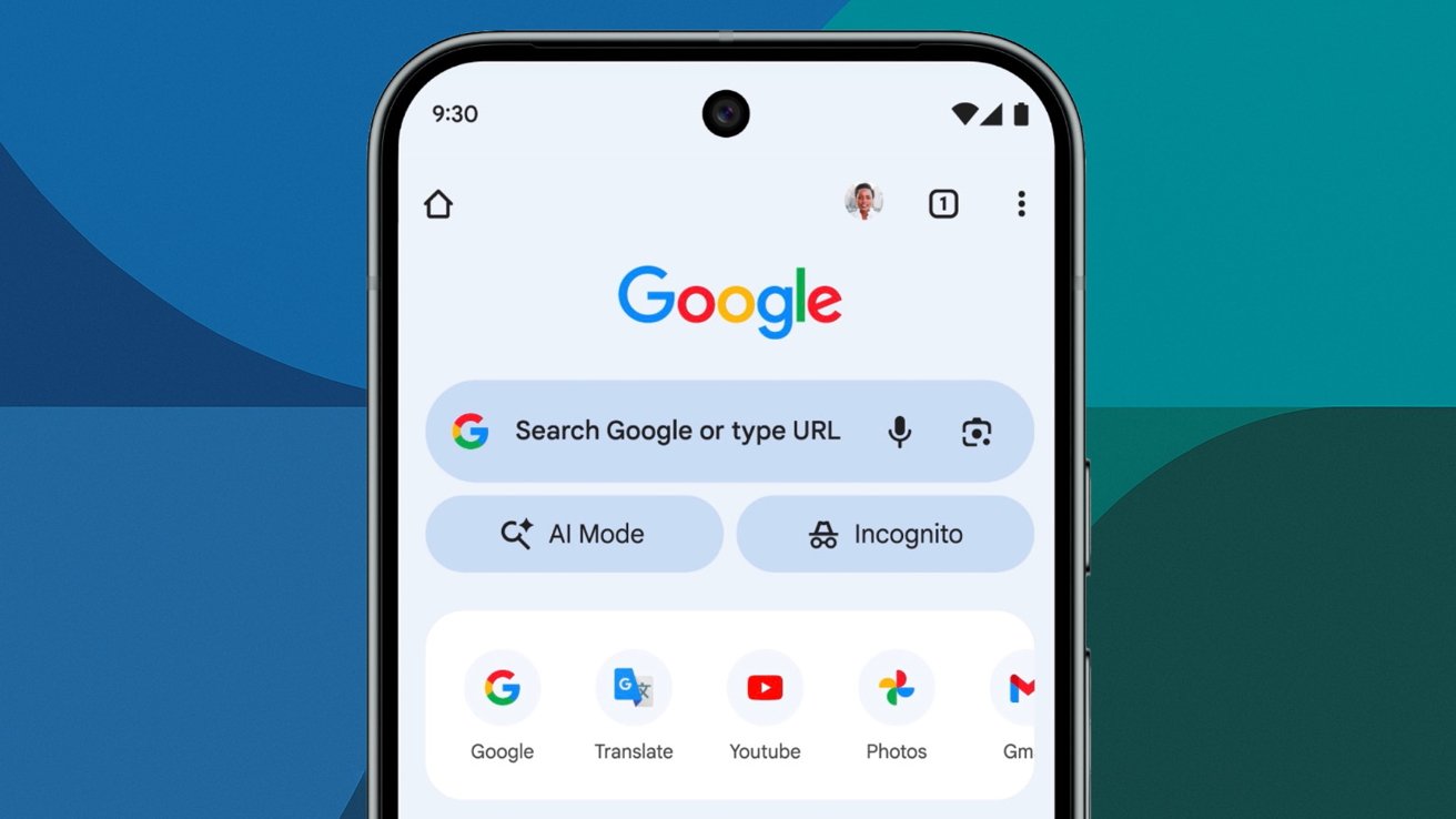 Smartphone screen showing Google homepage with search bar, AI mode, Incognito options, and icons for Google, Translate, YouTube, Photos, and Gmail below. Blue abstract background.