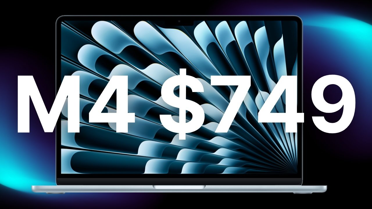 M4 MacBook Air in Sky Blue with abstract pattern on screen, large text 'M4 $749' overlaid, glowing blue and black background.