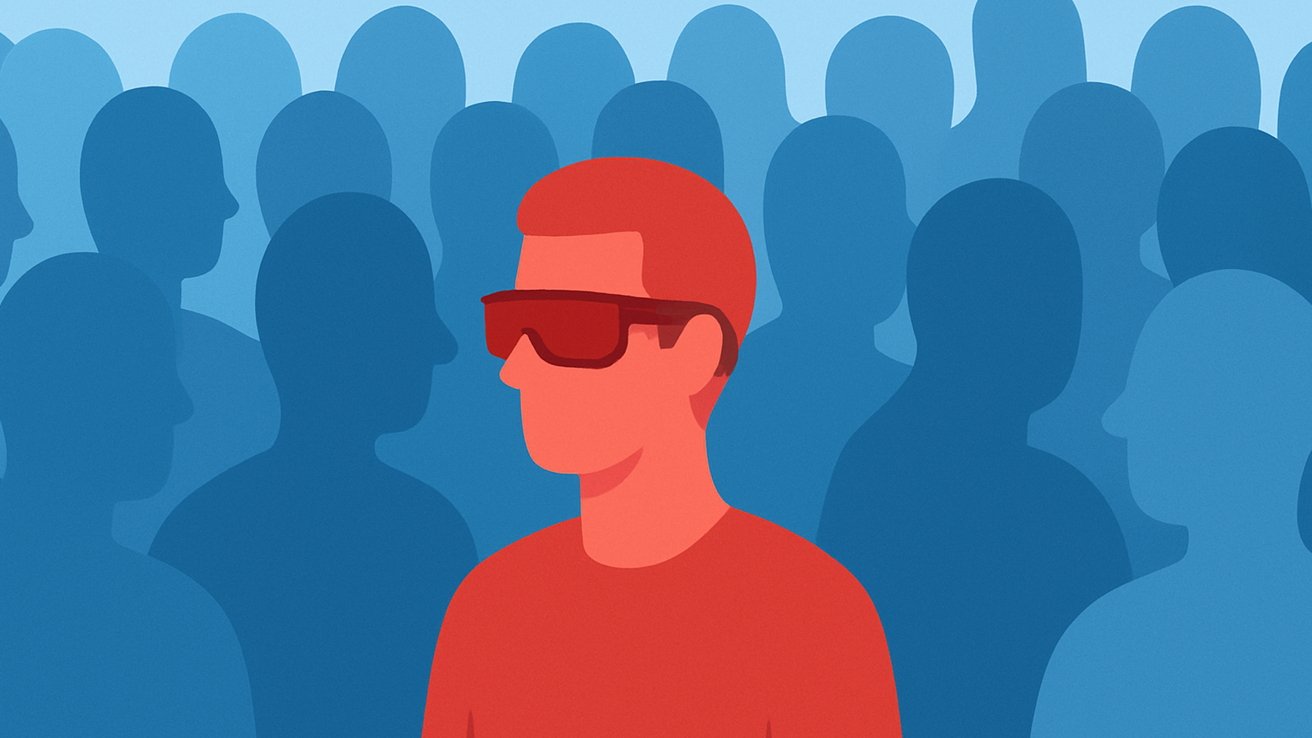 Red person wearing smart glasses stands out among blue silhouettes of people.