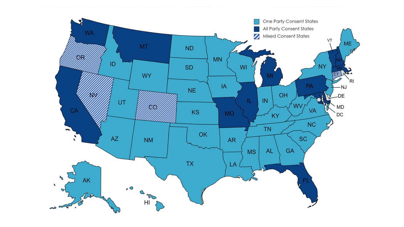 美国录音录像法律地图,显示各州差异