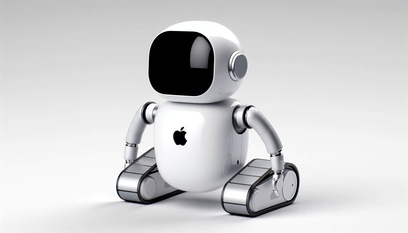 Small white robot with a shiny black screen for a face, metallic arms, and treads for movement. Features an apple logo on its chest.