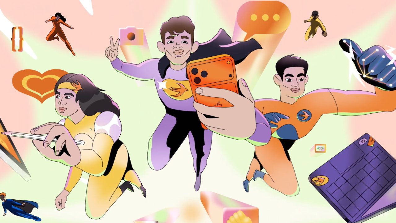 Three superheroes fly with gadgets, surrounded by icons like hearts and chat bubbles, in a colorful animated style.