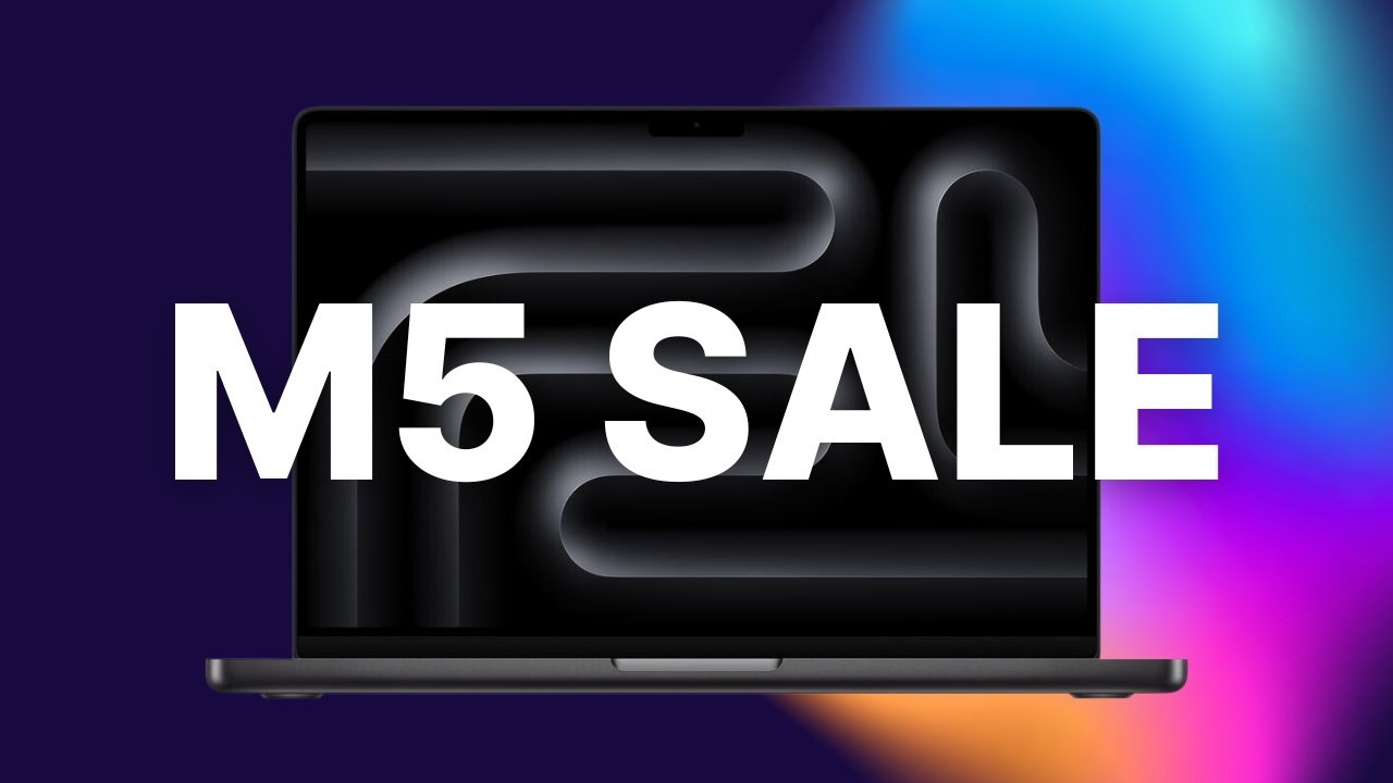 M5 MacBook Pro 14-inch with abstract design on screen, overlaid with bold text reading 'M5 SALE' against a dark background with vibrant blue and orange gradient.
