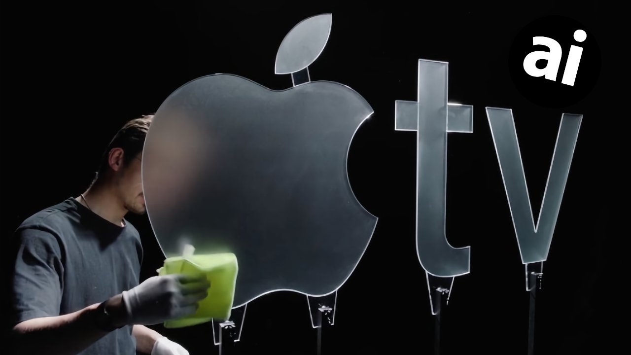 Person polishing large translucent Apple TV symbols against a dark background, with an 'ai' logo in the corner.
