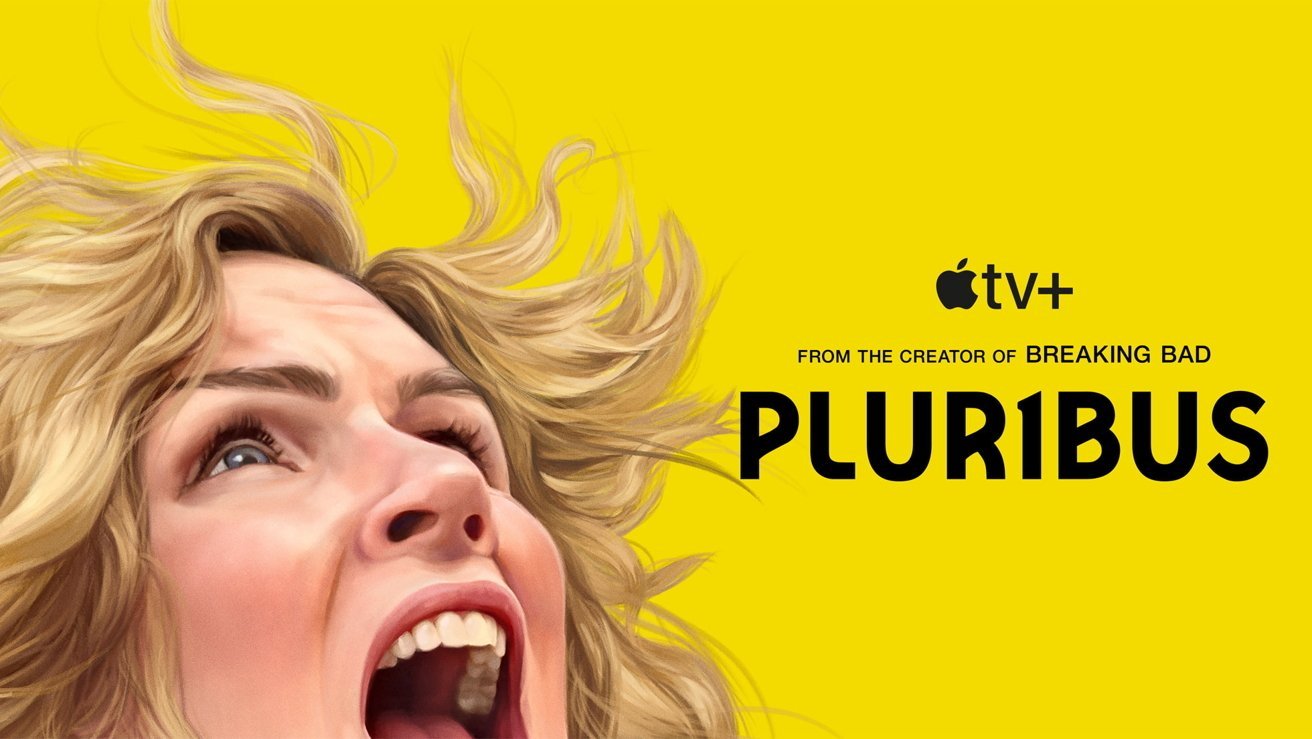 A woman with blonde hair screams against a bright yellow background, next to text promoting an Apple TV+ show, Pluribus, from the creator of Breaking Bad.
