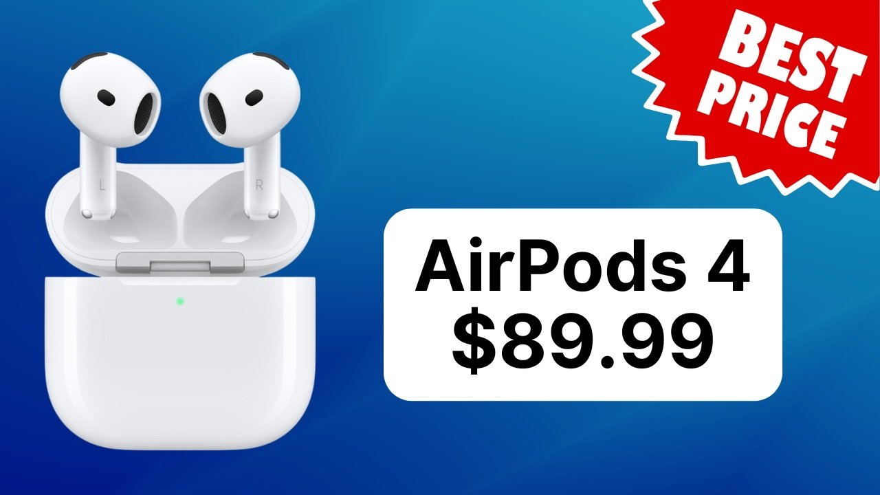 AirPods 4 earbuds in charging case, blue background, red 'Best Price' starburst, text reads AirPods 4 $89.99.