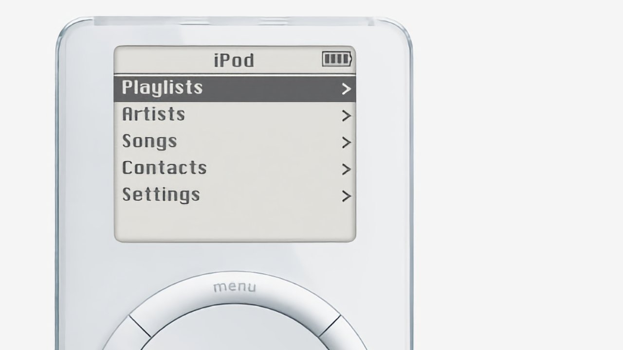 Classic iPod screen displaying menu options: Playlists, Artists, Songs, Contacts, Settings. A circular control wheel appears below. 
