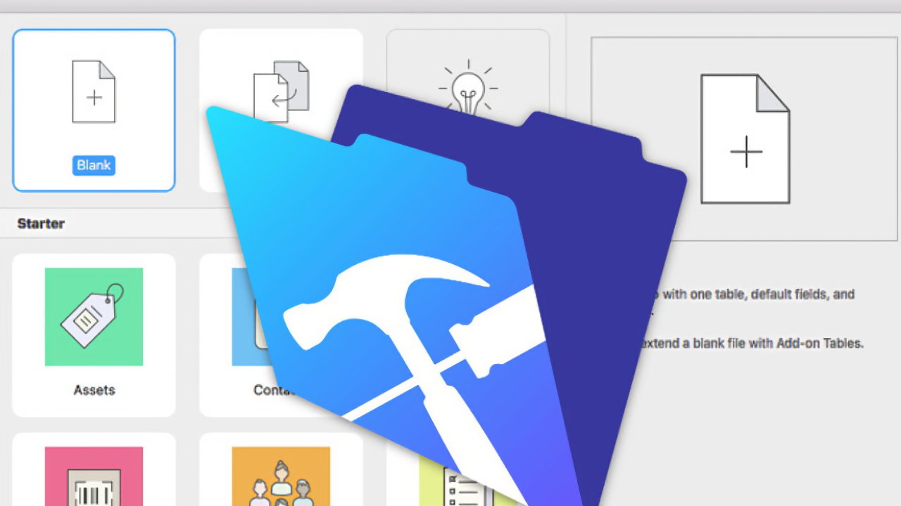 Digital interface with a blue folder icon featuring a hammer, overlaying menu options including blank pages and starter templates.