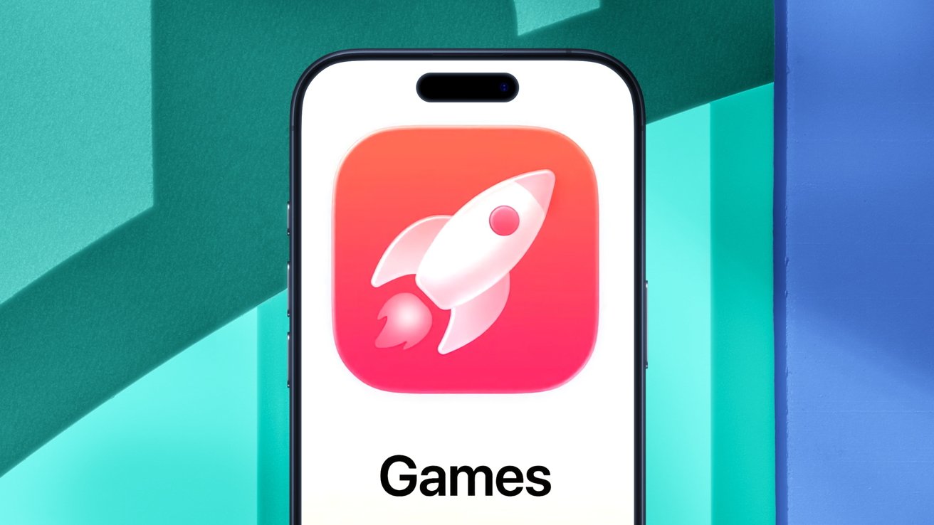 Um smartphone exibindo um ícone vermelho com um foguete branco e a palavra "Jogos" abaixo. O fundo apresenta formas geométricas em tons de verde-azulado e azul.