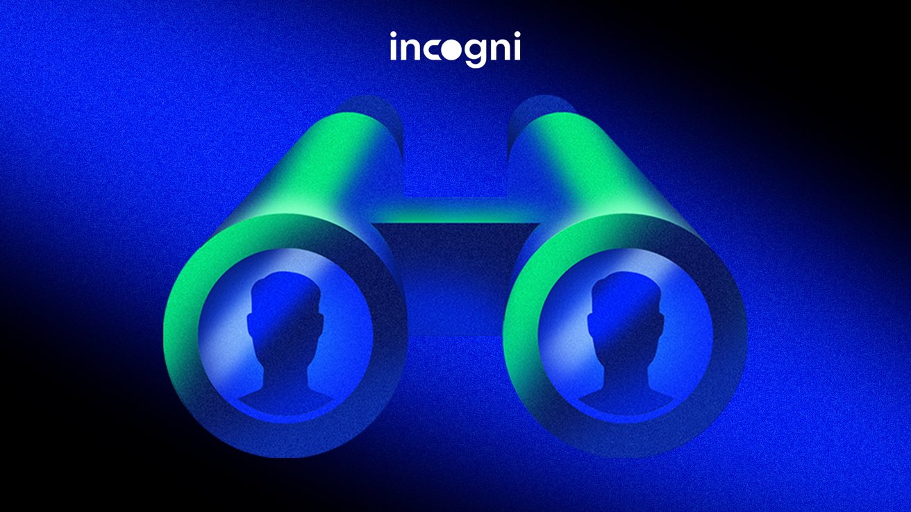 Silhouetted heads inside neon green and blue binoculars on a dark blue background, with 'incogni' text above.