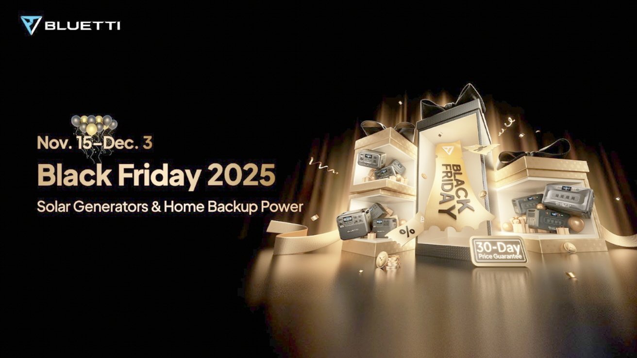 Black background showcasing Bluetti's Black Friday 2025 sale from November 15 to December 3, featuring solar generators and home backup power items surrounded by gift boxes and balloons.