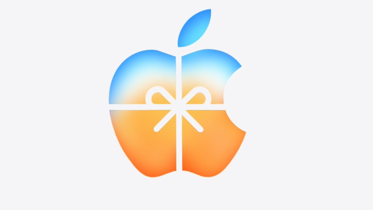 Apple logo with a colorful gradient of blue and orange, divided into four sections with a bow in the center resembling a gift wrap.
