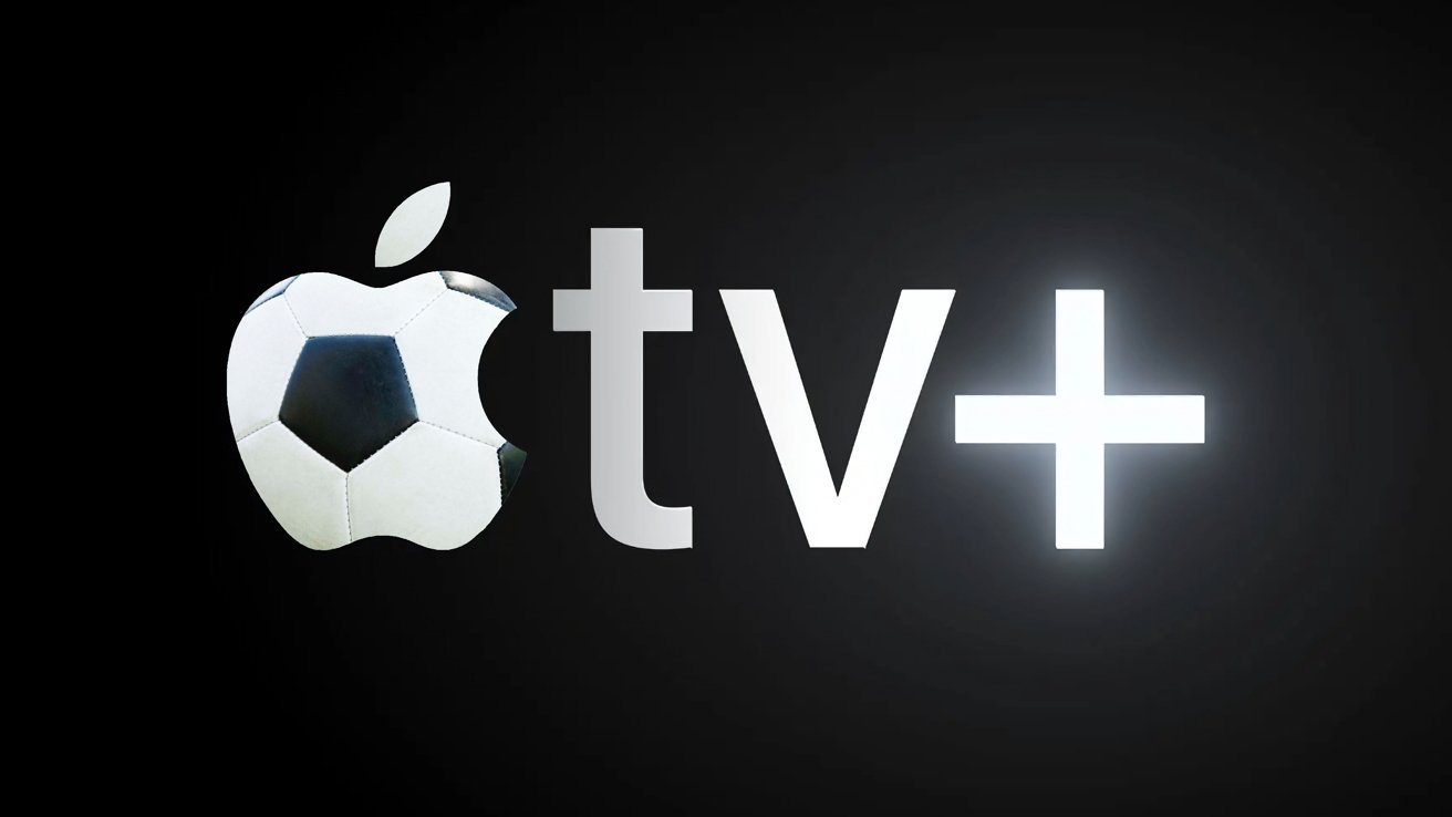 Apple logo shaped like a soccer ball next to bright 'tv+' text on a dark background.
