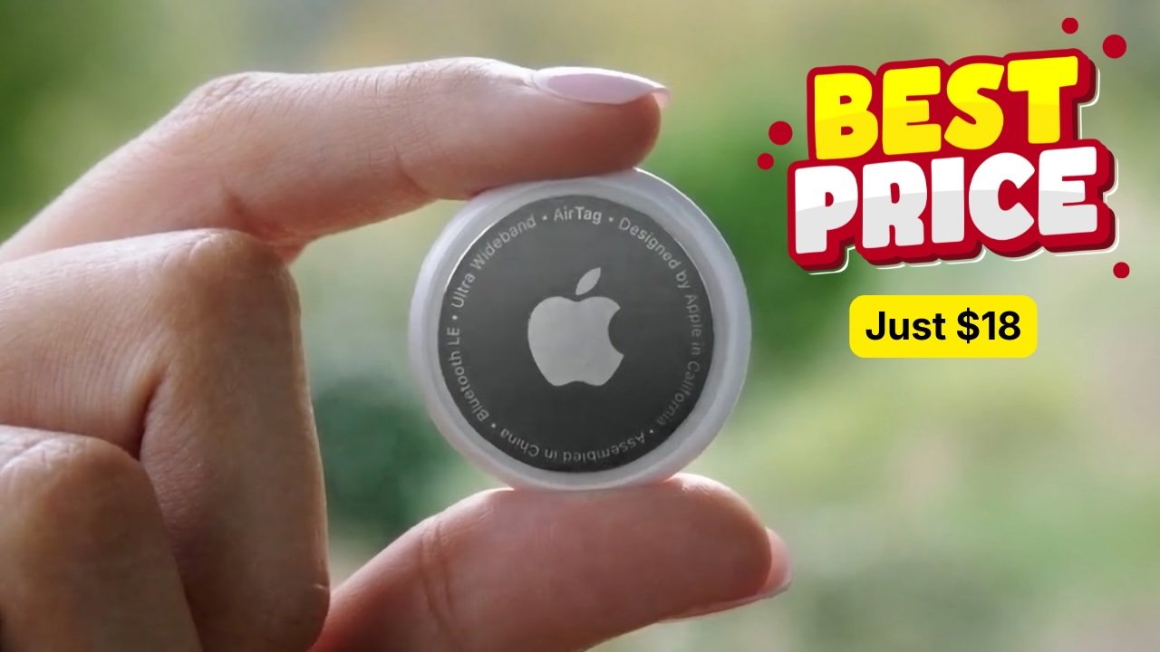 A hand holding an Apple AirTag against a blurry background with 'Best Price' text and a price tag: $18.
