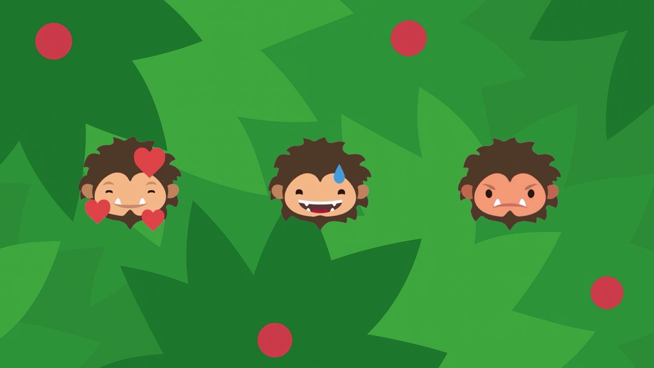 Three cartoon sasquatch faces express love, nervousness, and anger against a green leaf background with red dots.