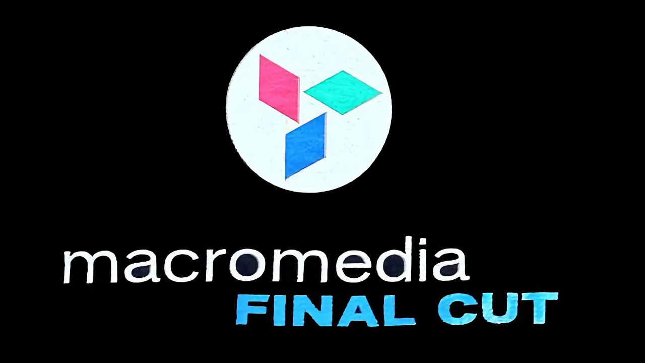 White text 'macromedia FINAL CUT' below a circle with three colorful geometric shapes on a black background.