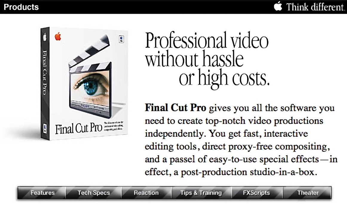 Final Cut Pro video editing software box and text promoting professional video creation without hassle or high costs. Contains features, tech specs, tips, and FX options. Apple logo present.