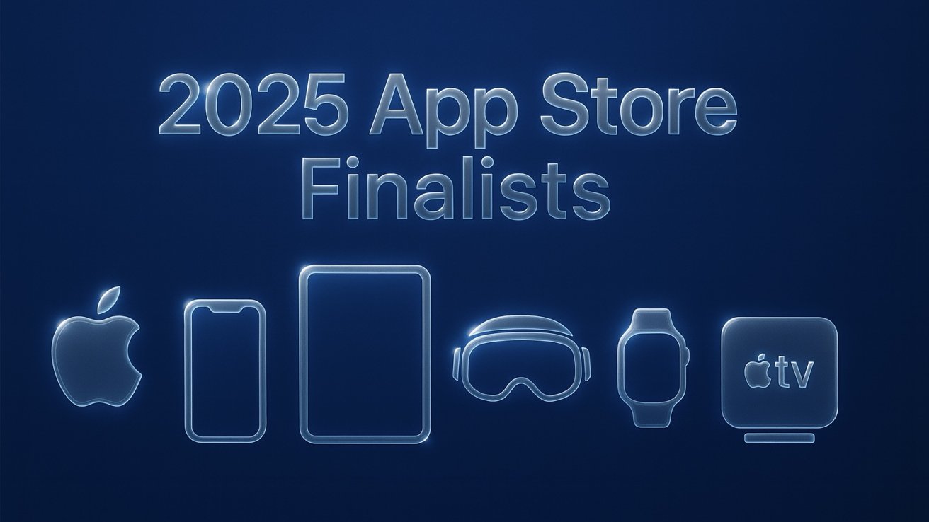 Text reads 2025 App Store finalists above outlines of Apple products: logo, iPhone, iPad, headset, watch, TV, all with a blue glow on a dark background.