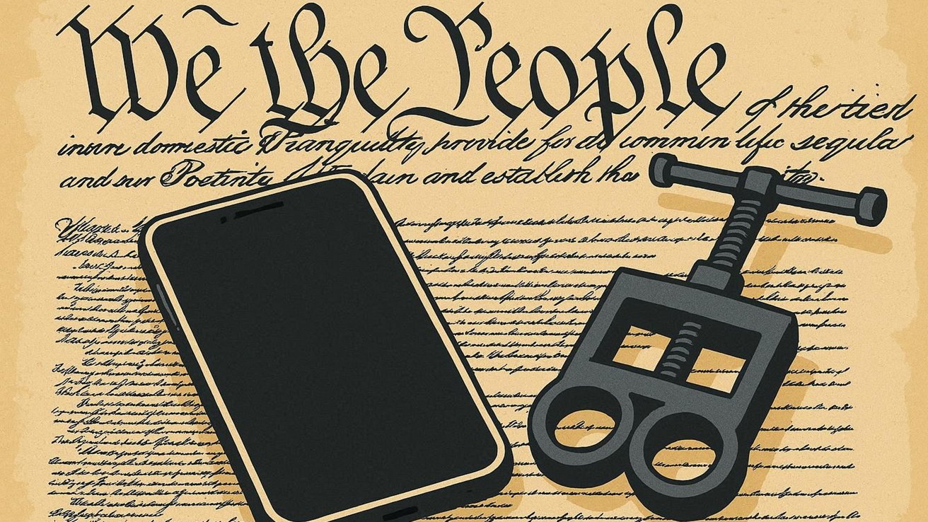 A smartphone and a clamp are illustrated on a document showing the words 'We the People' in ornate script.