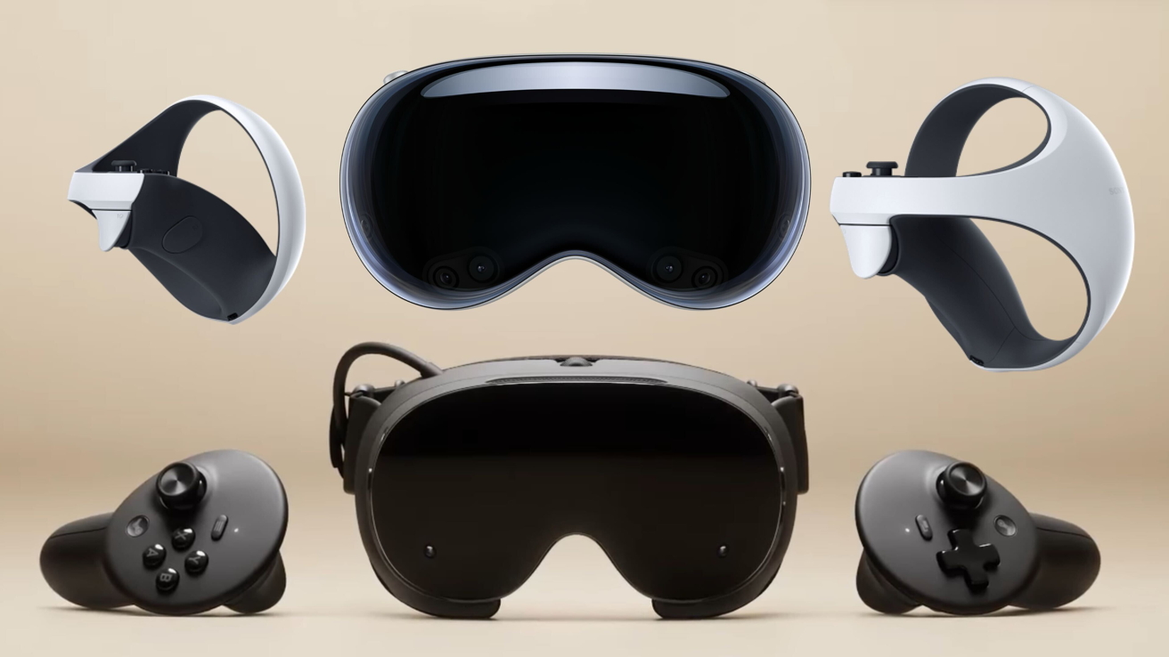Virtual reality headsets and controllers from two different brands displayed on a beige background.