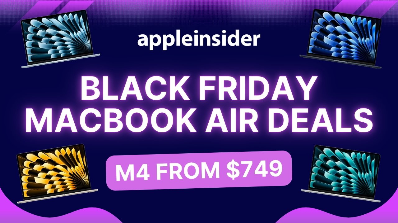 Black Friday MacBook Air deals with four M4 laptops, displaying price from $749 on a purple background.