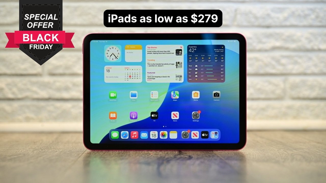iPad 11 displaying apps on home screen, special offer Black Friday badge, advertising iPads as low as $279, background of textured wall and wooden surface.