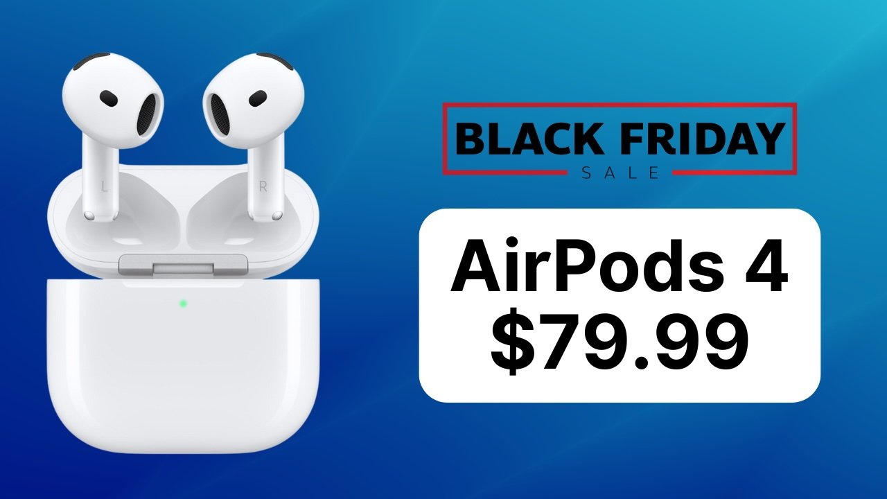 AirPods 4 earbuds with charging case on blue background. Black Friday sale text, priced at $79.99.