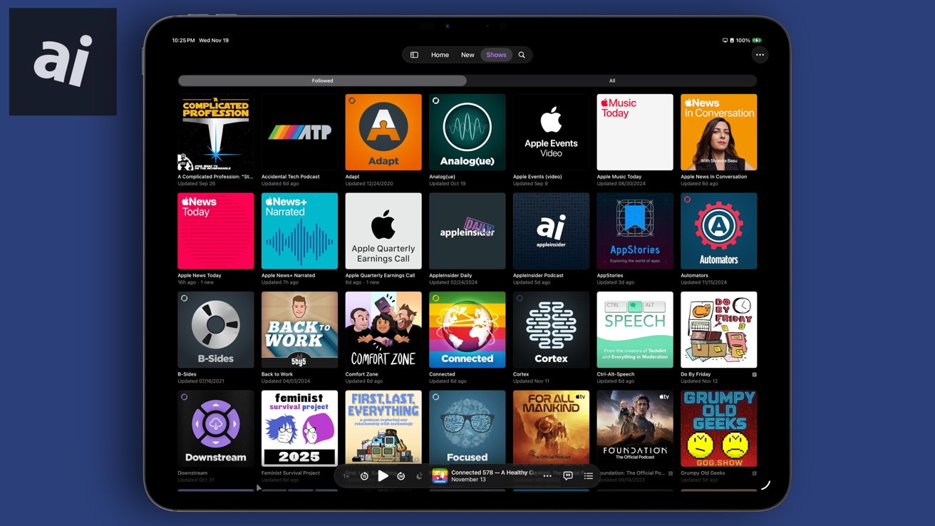 Tablet screen displaying various podcast covers in a grid layout, each with distinct colorful designs and titles, set against a dark background with navigation options at the top.