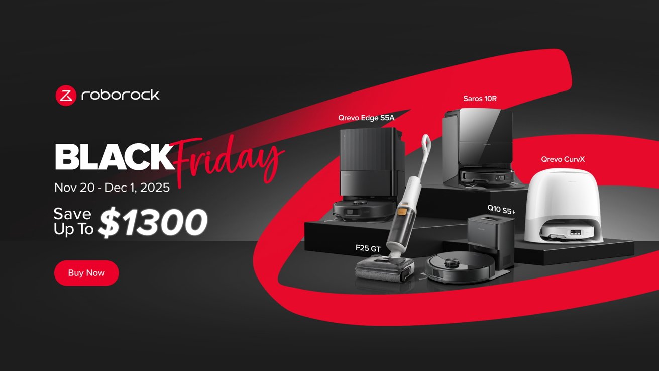 Roborock Black Friday sale announcement with various vacuum models shown on a dark background, highlighting savings up to $1300.