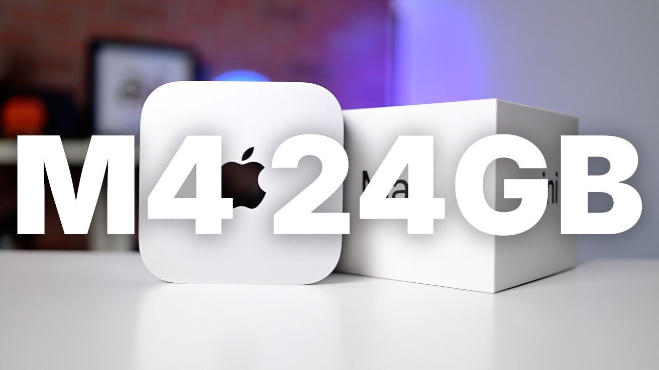 Apple Mac mini with M4 chip and 24GB text overlay, displayed on a white background with blurred elements.