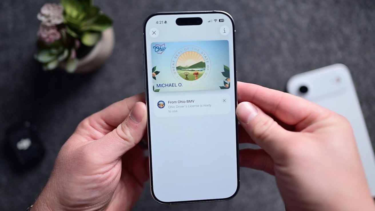 Person holding a smartphone displaying an Ohio digital driver's license notification. A succulent plant and another phone are blurred in the background.