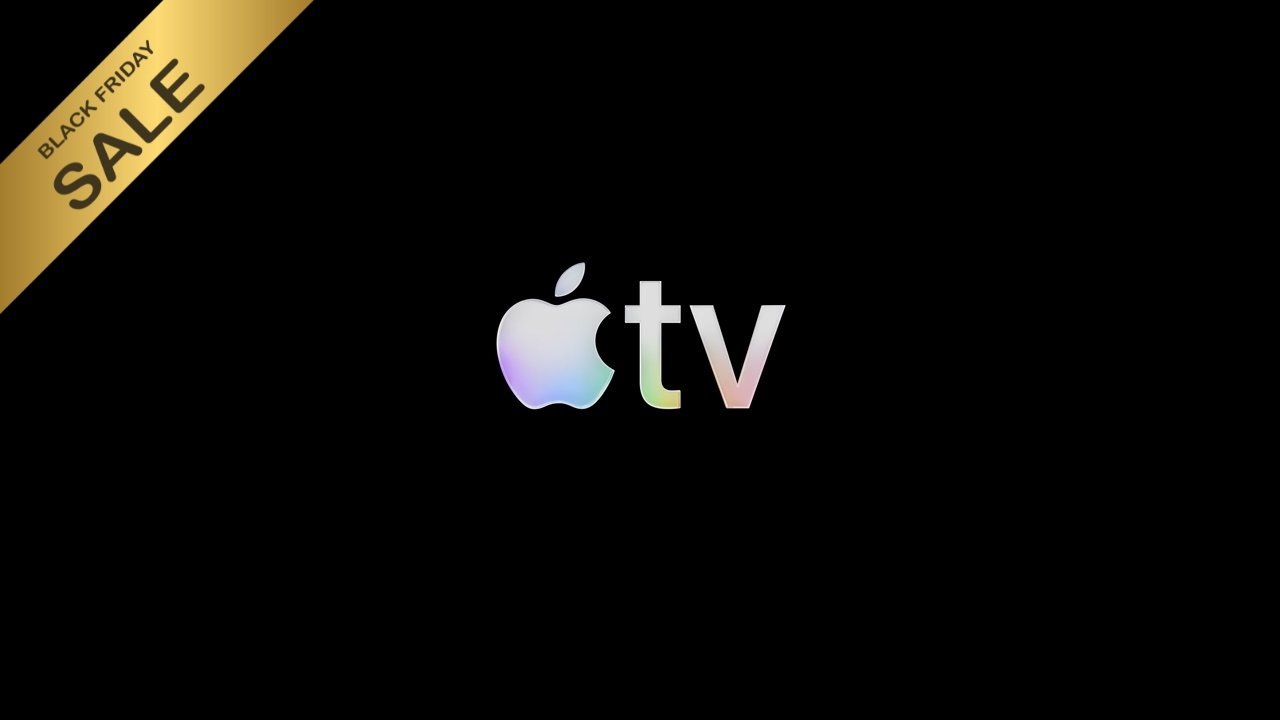 Apple TV logo on black background with a diagonal gold ribbon reading Black Friday Sale.